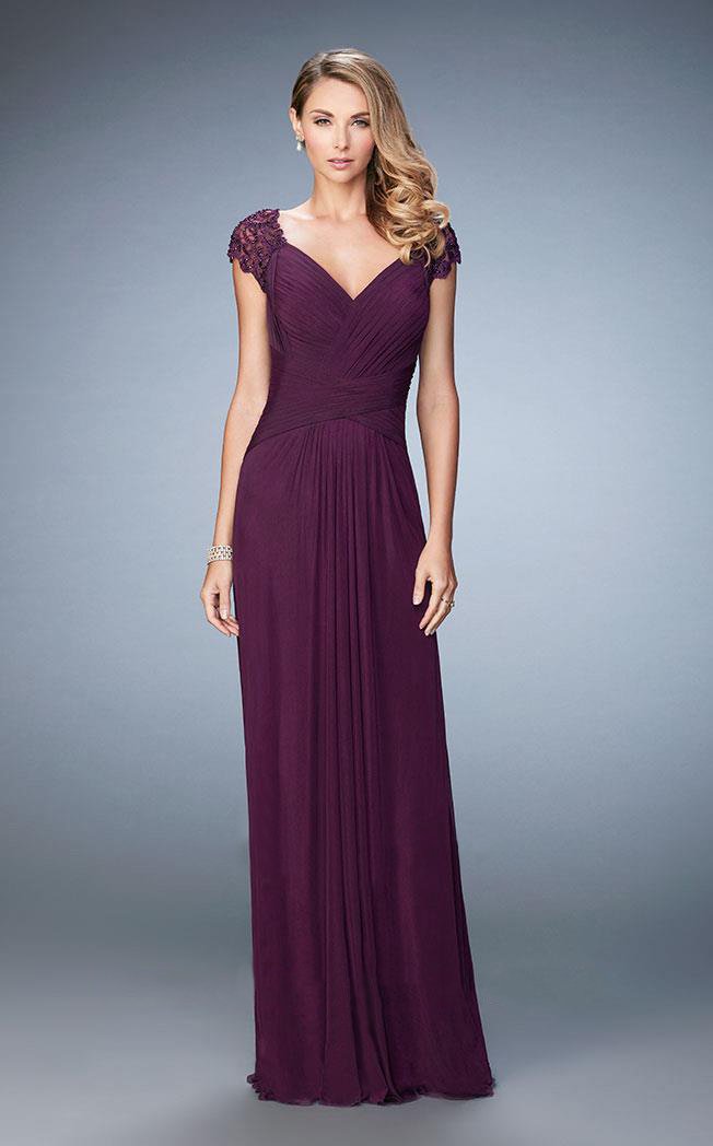 La Femme Lace Cap Sleeve Weaved Cutout Back Jersey Gown 23084SC- 1 pc Eggplant In Size 8 Available CCSALE 8 / Eggplant