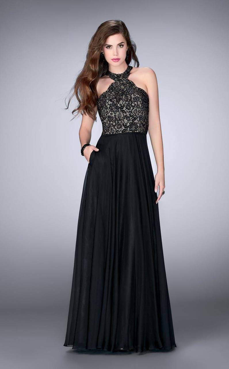 La Femme - Lace Detail Halter Top Chiffon Long Prom Dress 23975SC - 1 pc Black In Size 2 Available CCSALE 2 / Black