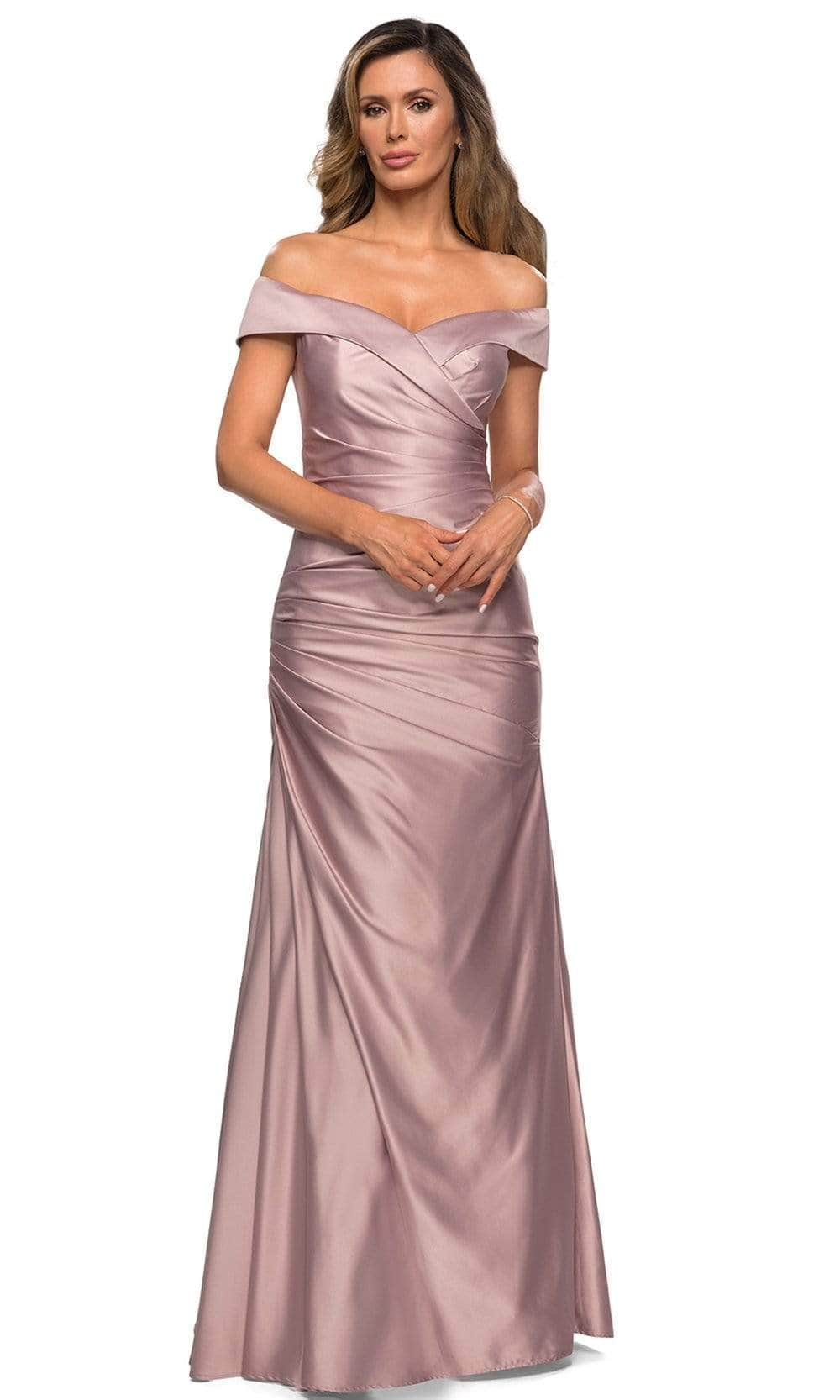 La Femme - Off Shoulder Draped Satin Gown 28103SC - 1 pc Navy In Size 10 and 1 pc Champagne in size 16 Available CCSALE 16 / Champagne