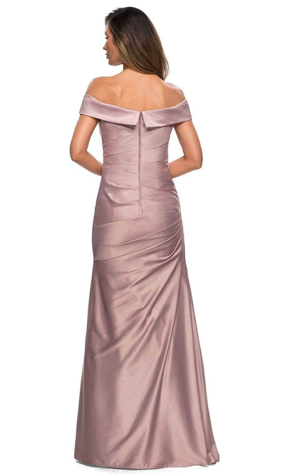 La Femme - Off Shoulder Draped Satin Gown 28103SC - 1 pc Navy In Size 10 and 1 pc Champagne in size 16 Available CCSALE