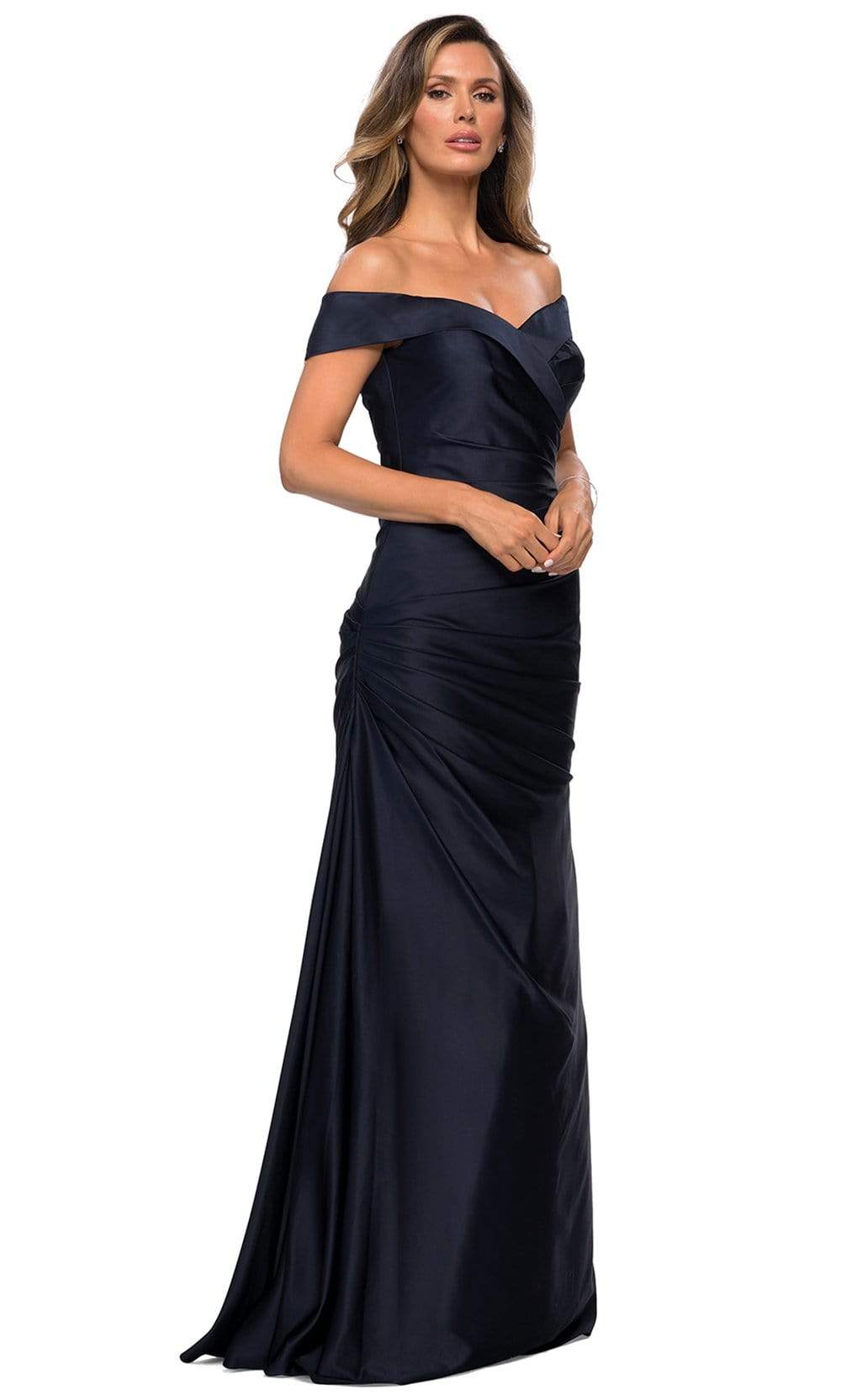 La Femme - Off Shoulder Draped Satin Gown 28103SC - 1 pc Navy In Size 10 Available CCSALE