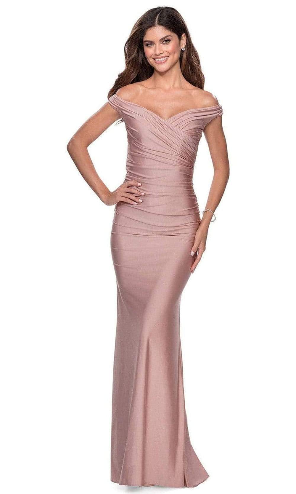 La Femme - Off Shoulder Jersey Sheath Dress 28450SC - 1 pc Mauve in Size 4 and  1 pc Gunmetal In Size 8 Available CCSALE 4 / Mauve