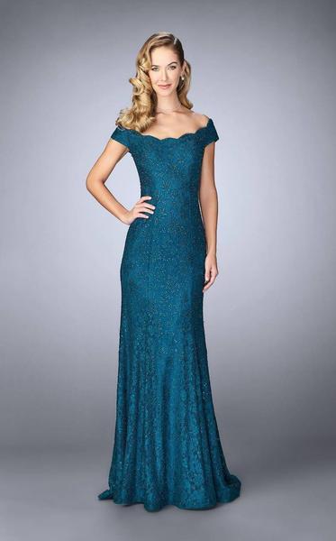 La Femme - Off-Shoulder Lace Evening Gown 24928SC - 2 pc Dark Teal In Size 2 and 14 Available CCSALE 2 / Dark Teal