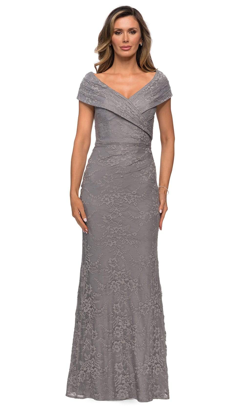 La Femme - Off Shoulder Lace Sheath Dress 27982SC - 1 pc Platinum In Size 8 Available CCSALE 8 / Platinum