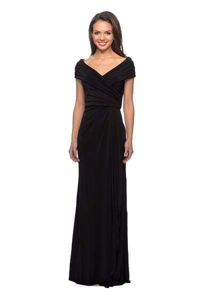 La Femme - Off Shoulder Wrap Bodice Long Sheath Jersey Dress 26519SC CCSALE 16 / Black