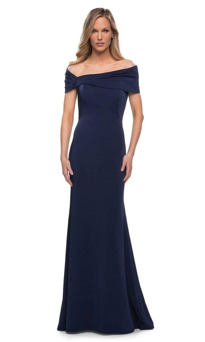 La Femme - Pleated Off Shoulder Sheath Dress 29537SC CCSALE 4 / Navy