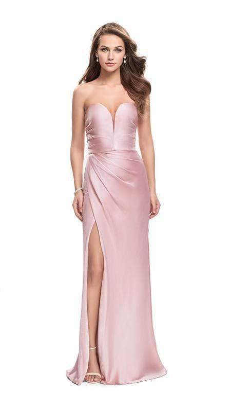 La Femme - Plunging Sweetheart Satin Sheath Evening Dress 26017SC CCSALE 0 / Blush