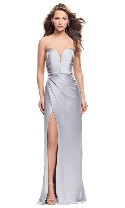 La Femme - Plunging Sweetheart Satin Sheath Evening Dress 26017SC CCSALE 0 / Silver