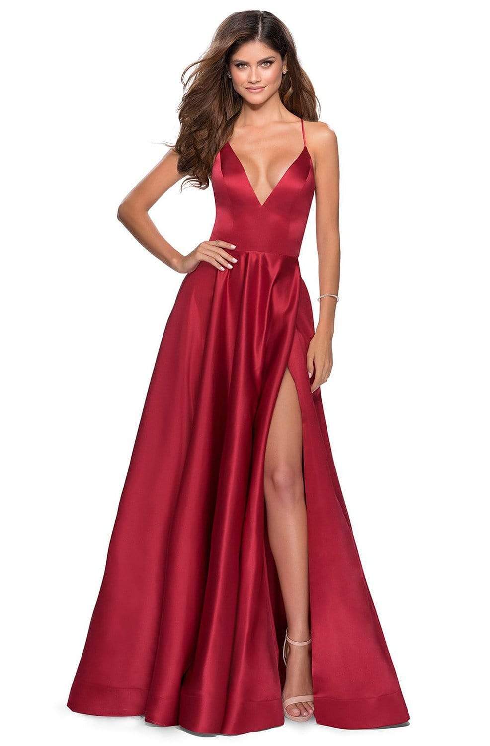 La Femme - Plunging V-Neck Fitted Satin A-Line Dress 28628SC - 2 pcs Lavender/Gray In Size 0 and Deep Red in size 4 Available CCSALE 4 / Deep Red