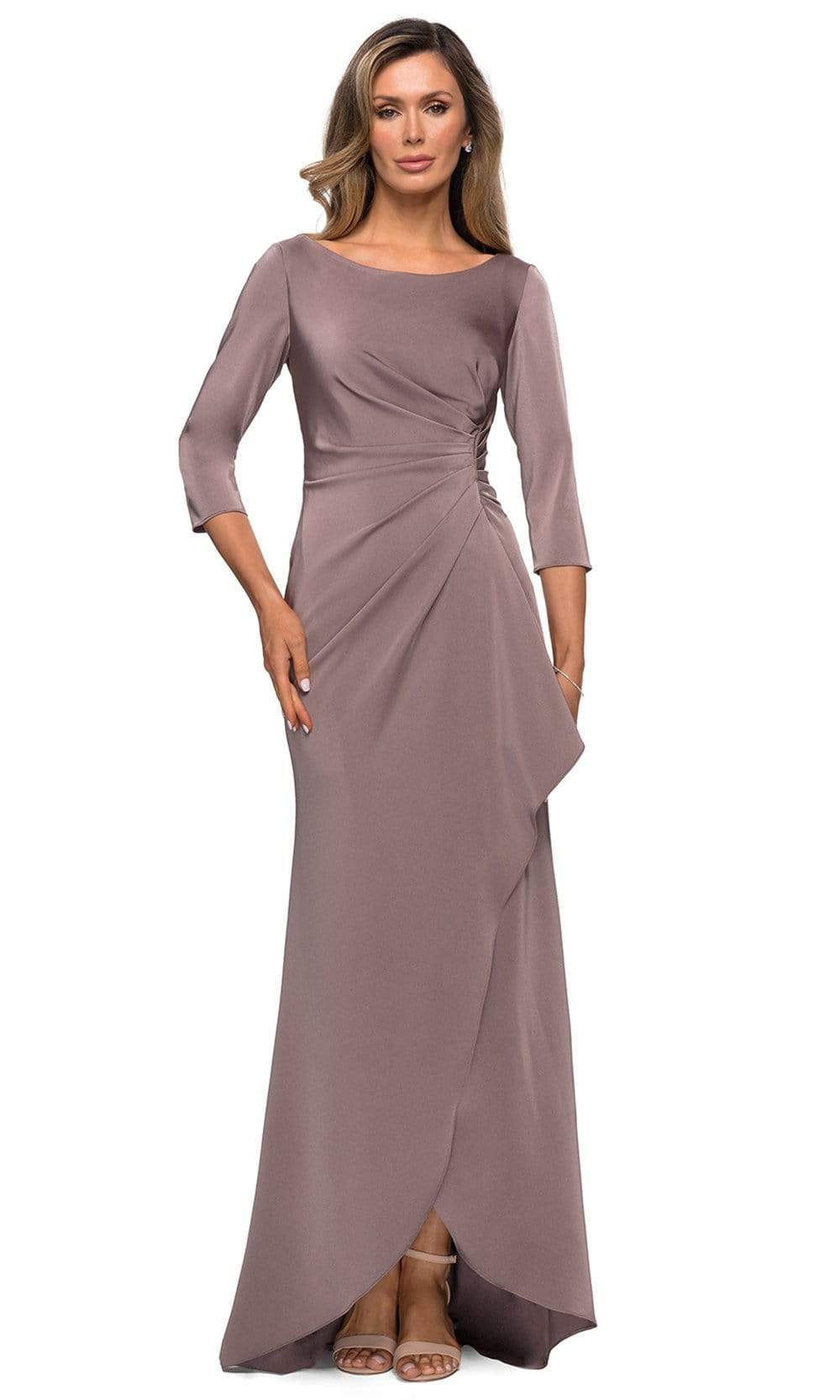 La Femme - Quarter Sleeve Draped High Slit Dress 28197SC - 1 pc Navy In Size 12 Available CCSALE