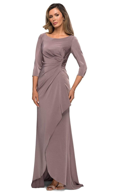 La Femme - Quarter Sleeve Draped High Slit Dress 28197SC - 1 pc Navy In Size 12 Available CCSALE