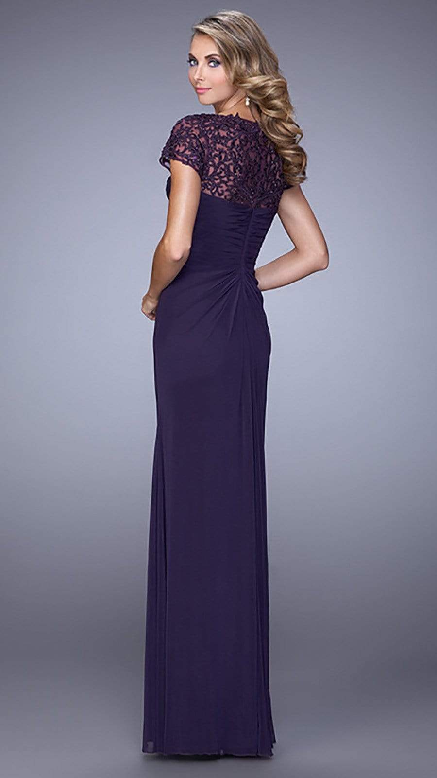 La Femme Ruched Cap Sleeves V-Neck Gown 21690SC - 1 Pc Forest Green in Size 4 and 1 Pc Plum in Size 6 Available CCSALE