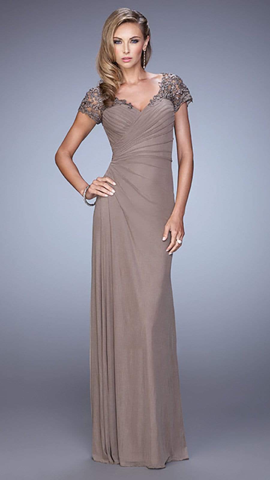 La Femme Ruched Cap Sleeves V-Neck Gown 21690SC - 1 Pc Forest Green in Size 4 and 1 Pc Plum in Size 6 Available CCSALE