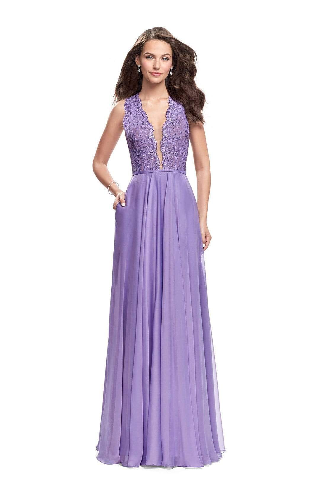 La Femme - Scalloped Plunging Lace Chiffon Dress 25487SC - 1 pc Marine Blue In Size 0 Available CCSALE 0 / Marine Blue