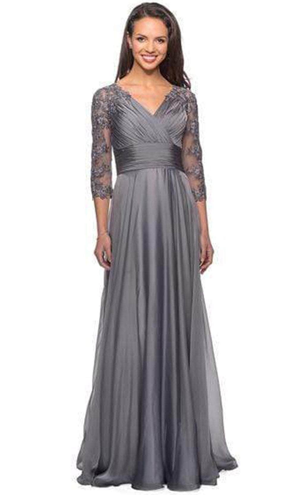 La Femme - Sheer Lace Quarter Sleeves Empire Waist A-Line Gown 27153SC CCSALE 10 / Platinum