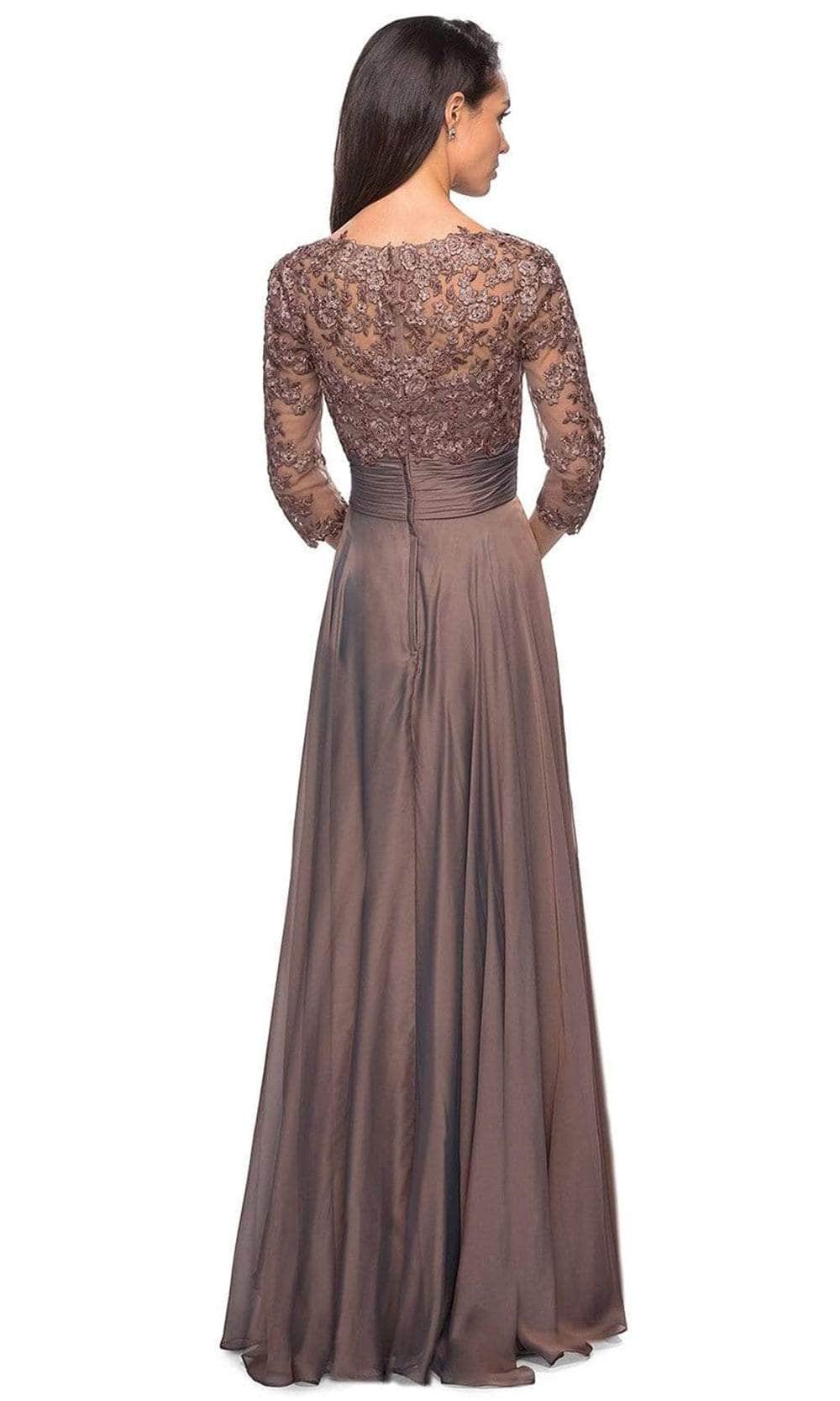 La Femme - Sheer Lace Quarter Sleeves Empire Waist A-Line Gown 27153SC CCSALE