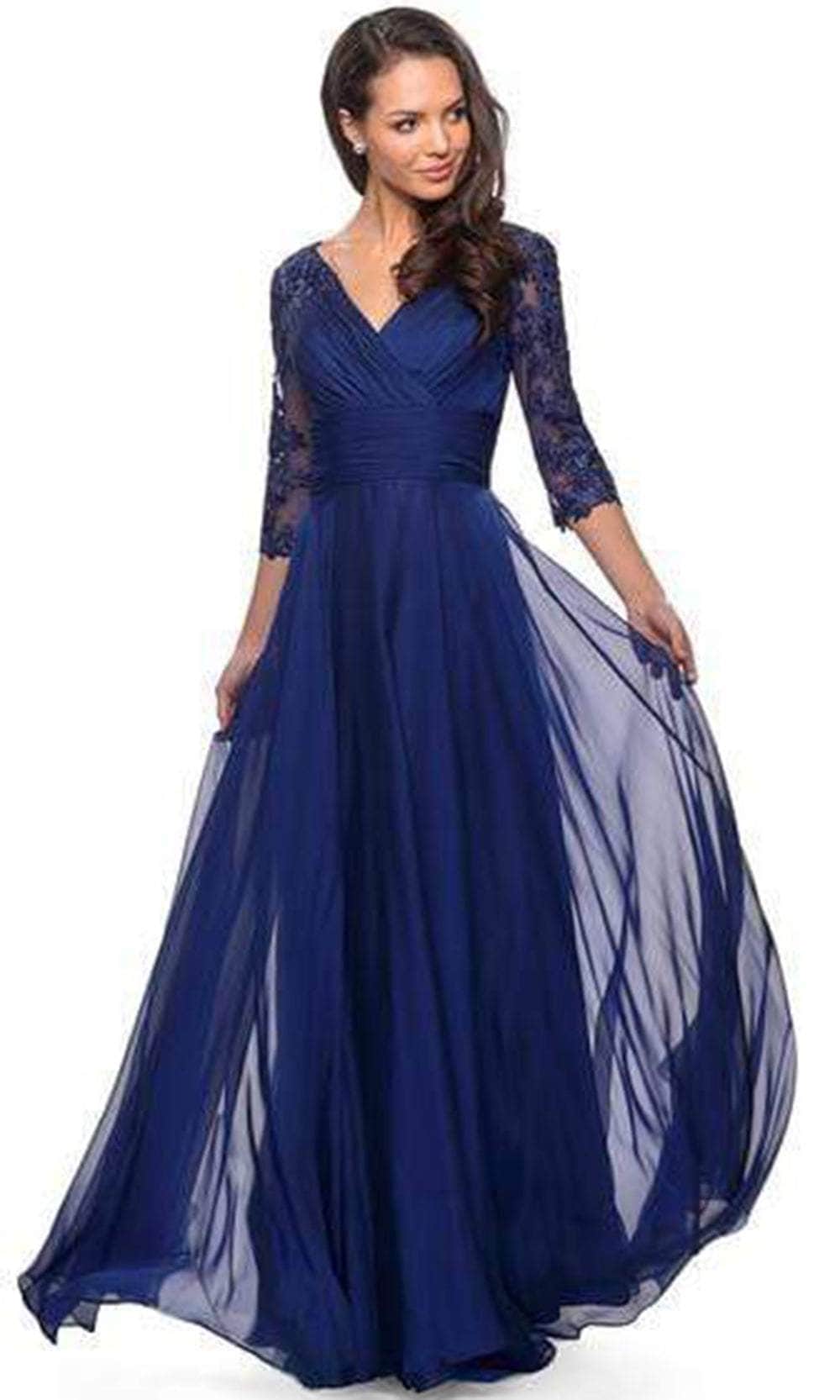 La Femme - Sheer Lace Quarter Sleeves Empire Waist A-Line Gown 27153SC CCSALE
