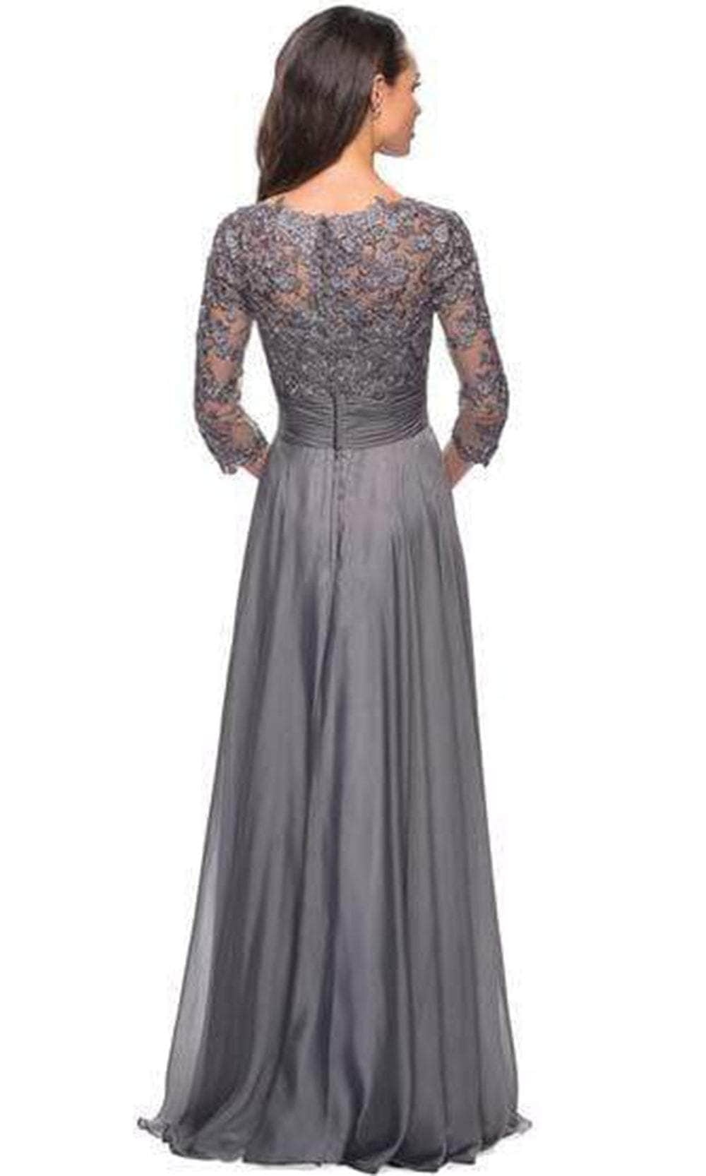 La Femme - Sheer Lace Quarter Sleeves Empire Waist A-Line Gown 27153SC CCSALE