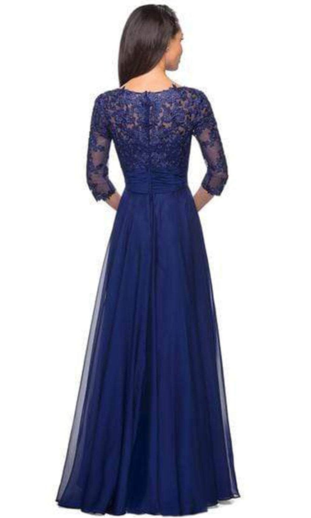 La Femme - Sheer Lace Quarter Sleeves Empire Waist A-Line Gown 27153SC CCSALE