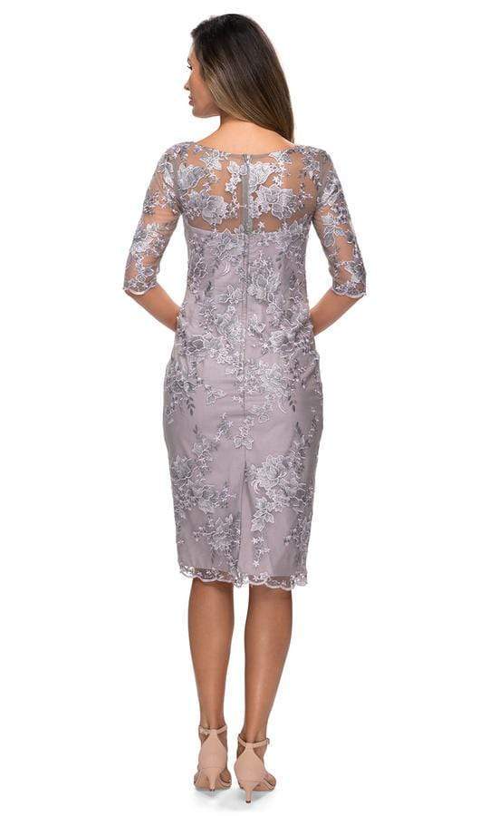La Femme - Sheer Neckline and Sleeves Floral Lace Sheath Knee-Length Dress 27895SC - 1 pc Lavender/Gray In Size 14 Available CCSALE 14 / Lavender/Gray