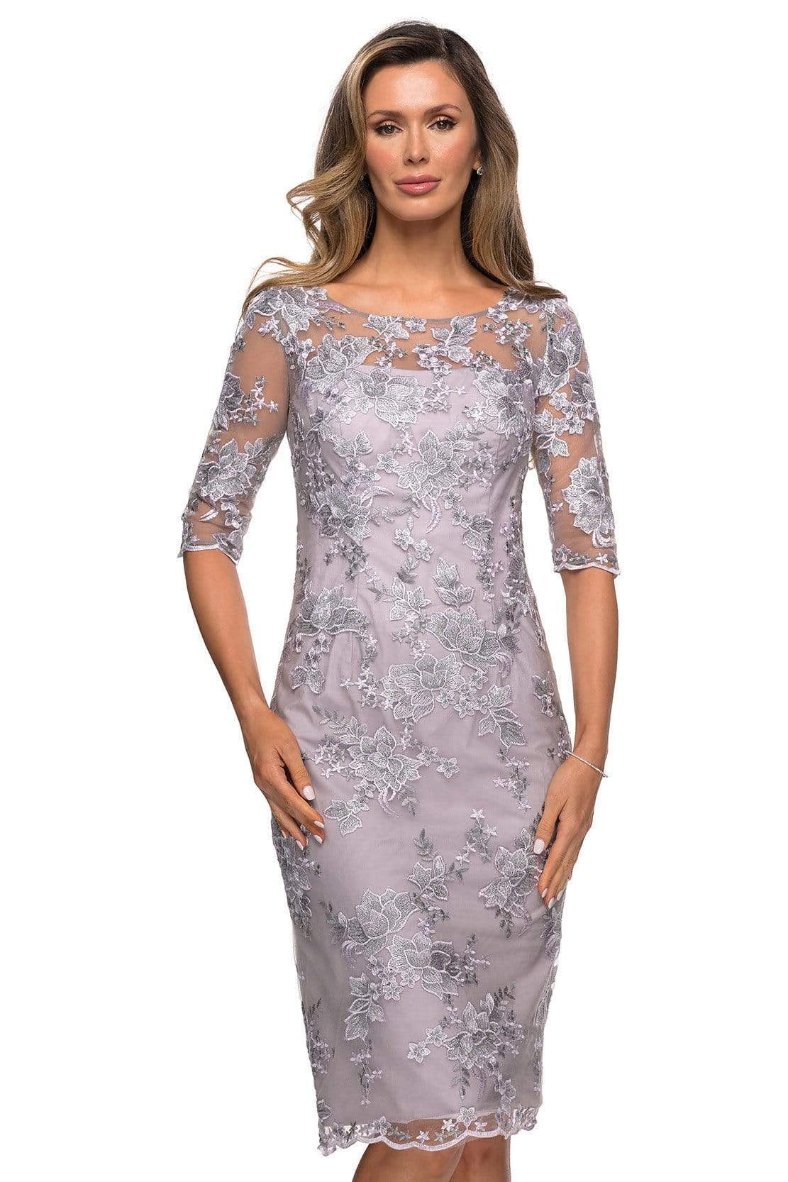 La Femme - Sheer Neckline and Sleeves Floral Lace Sheath Knee-Length Dress 27895SC - 1 pc Lavender/Gray In Size 14 Available CCSALE 14 / Lavender/Gray