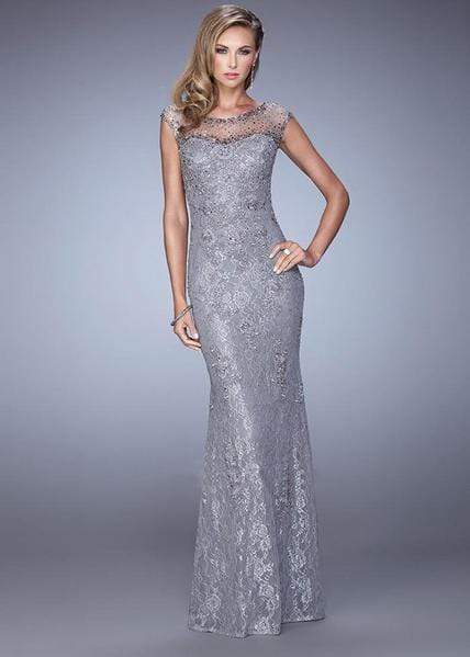 La Femme - Sparkling Lace Sheath Gown 20673 - 1 pc Platinum in Size 10 Available CCSALE 4 / Platinum
