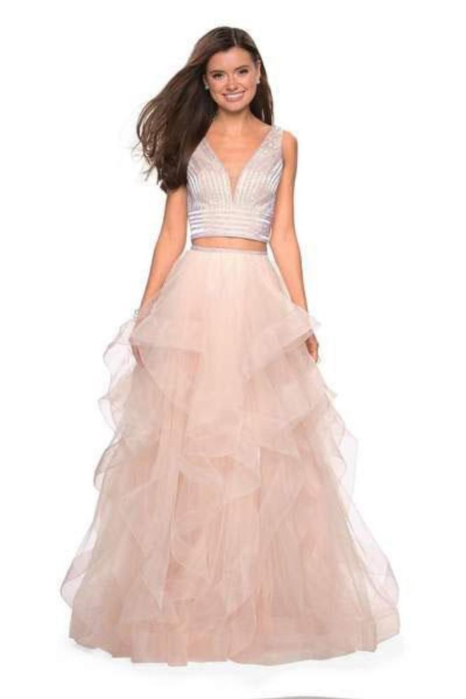 La Femme - Two-Piece Plunging Beaded Tiered Evening Gown 27445 - 1 pc Blush In Size 2 Available CCSALE 2 / Blush