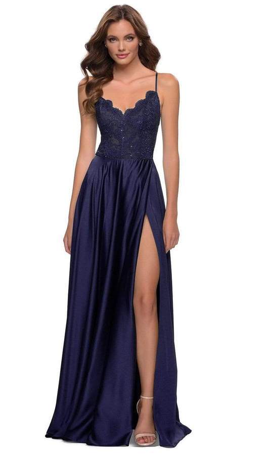 La Femme - V Neck A-Line Dress With Slit 29760SC - 1 pc Navy In Size 6 Available CCSALE 6 / Navy