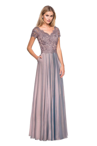 La Femme - V neck Embroidered A- Line Evening Dress 27098SC CCSALE 0 / Cocoa