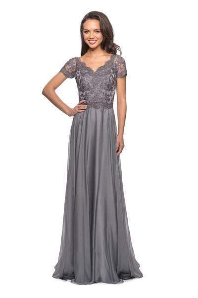 La Femme - V neck Embroidered A- Line Evening Dress 27098SC CCSALE 6 / Platinum