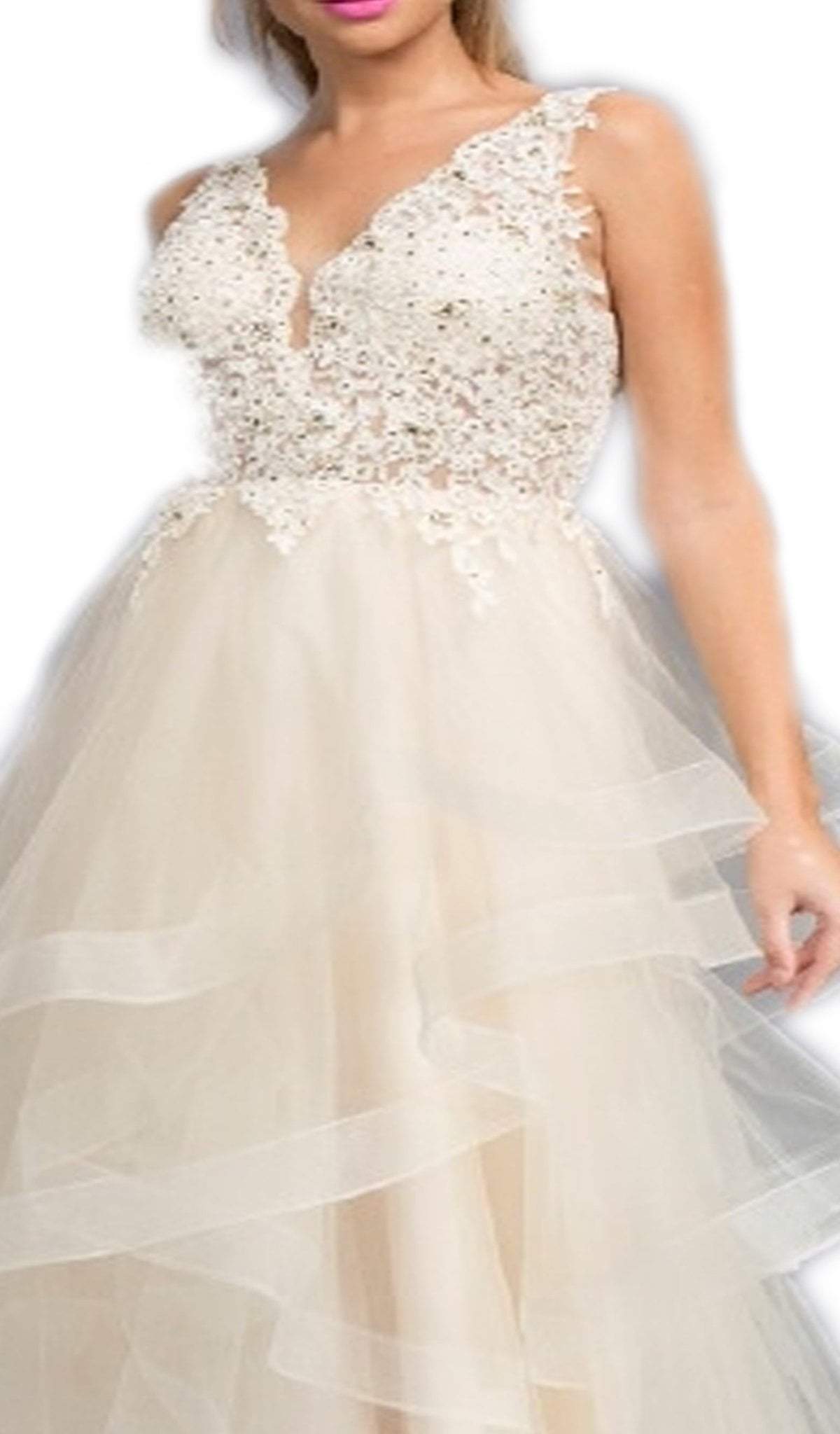 Lace V-neck Tiered Ruffled A-line Prom Dress Dress