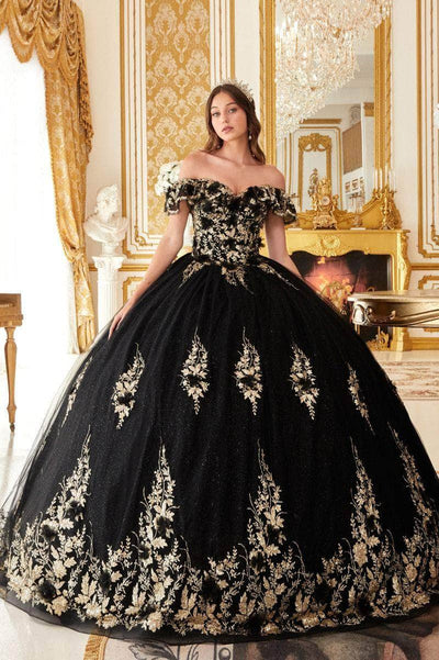 Cinderella Divine 15701 - Ruffled Off Shoulder Ballgown Ball Gowns S / Black-Gold