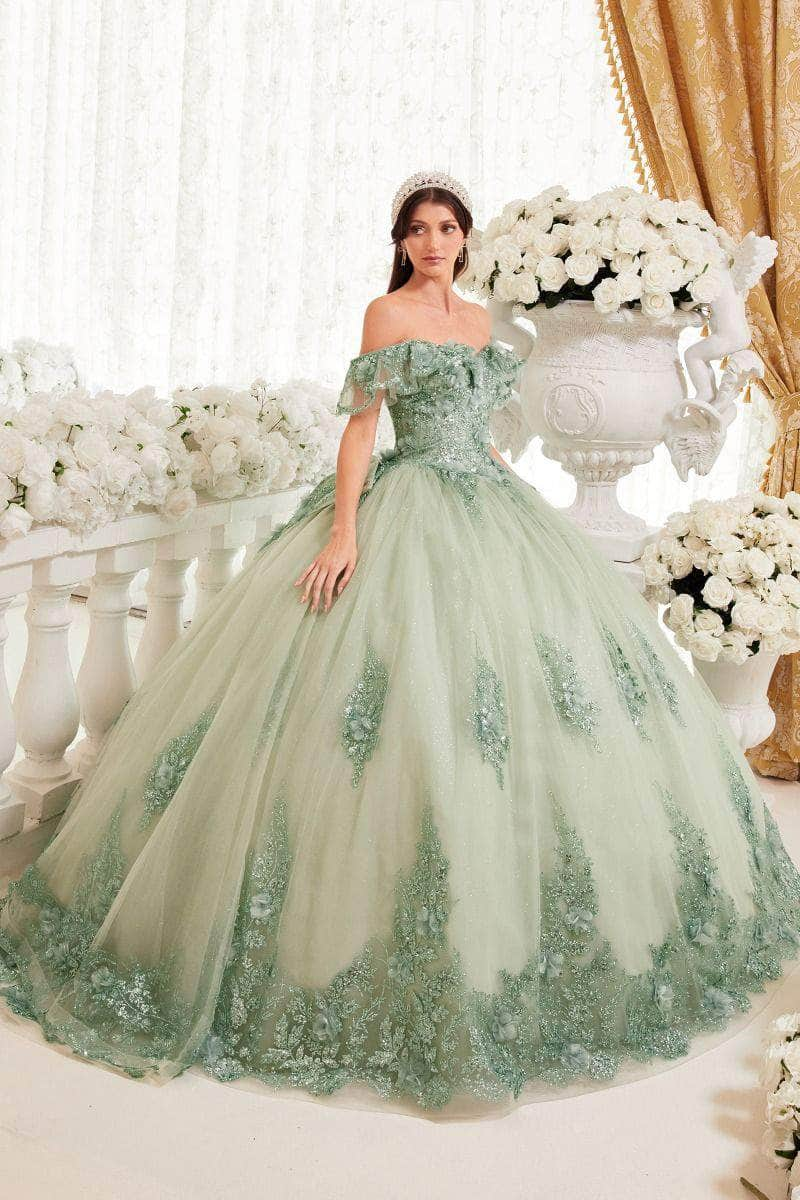 Cinderella Divine 15701 - Ruffled Off Shoulder Ballgown Ball Gowns S / Sage