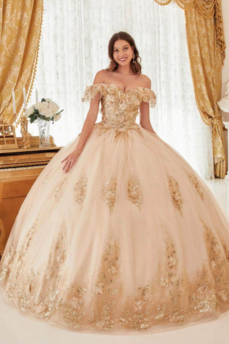 Cinderella Divine 15701 - Ruffled Off Shoulder Ballgown Ball Gowns XS / Champagne