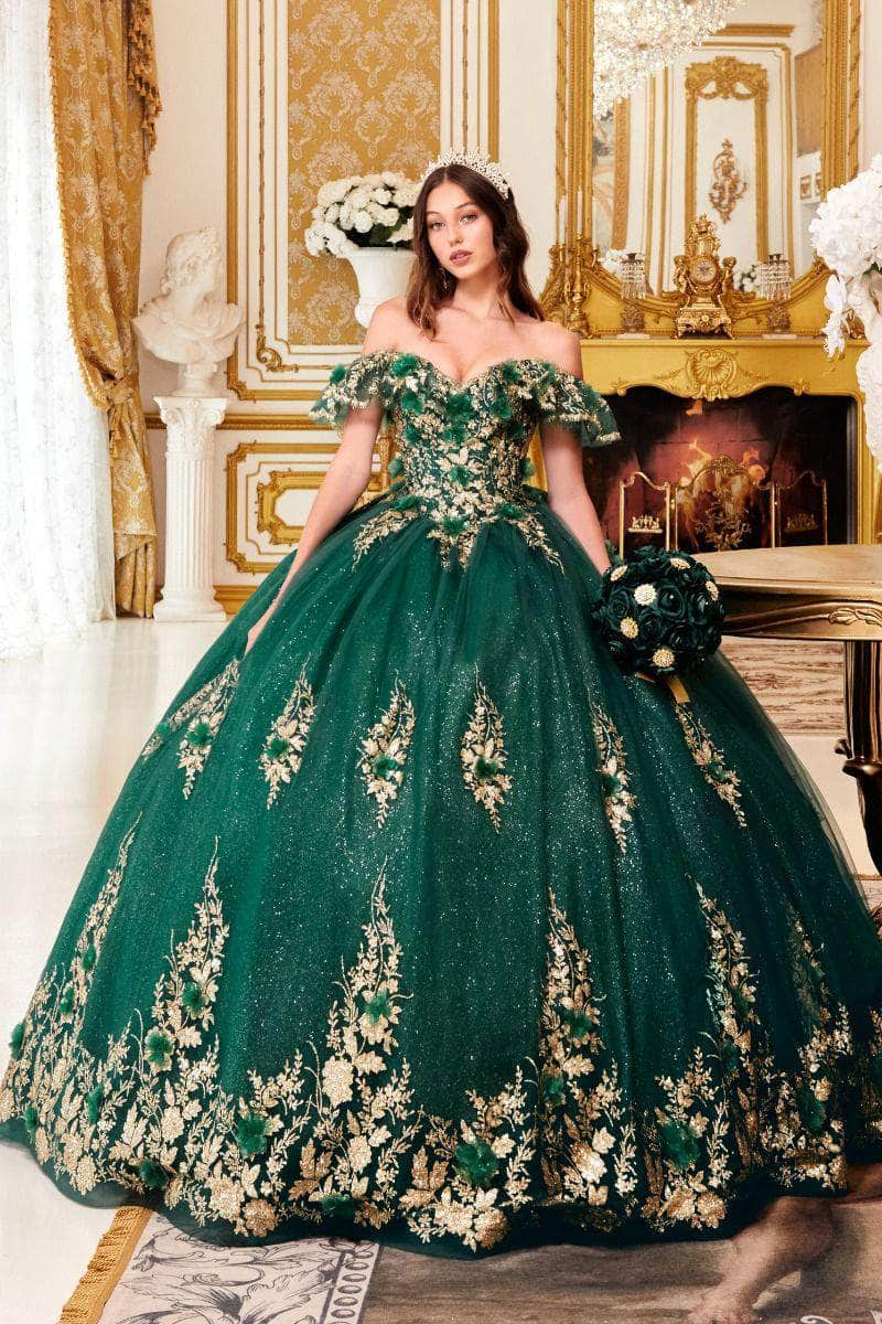 Cinderella Divine 15701 - Ruffled Off Shoulder Ballgown Ball Gowns XS / Emerald