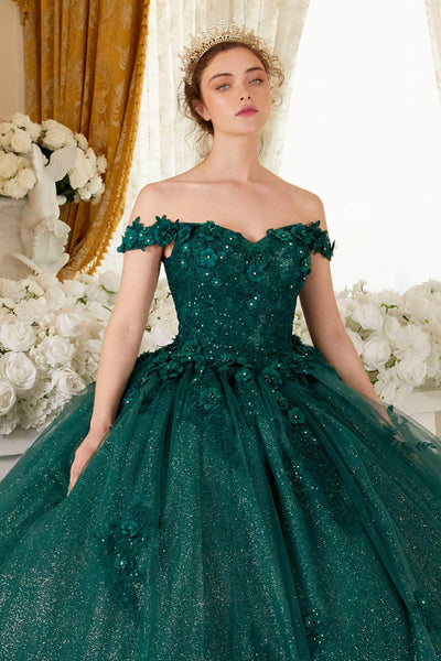 Cinderella Divine 15702 - Floral Applique Ballgown Evening Dresses XS / Emerald