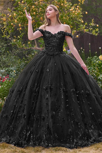 Cinderella Divine 15704 - Sweetheart Floral Appliqued Ballgown Ball Gowns XS / Black