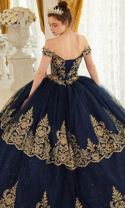 Cinderella Divine 15705 - Off-Shoulder Gold Lace Applique Ballgown Ball Gowns