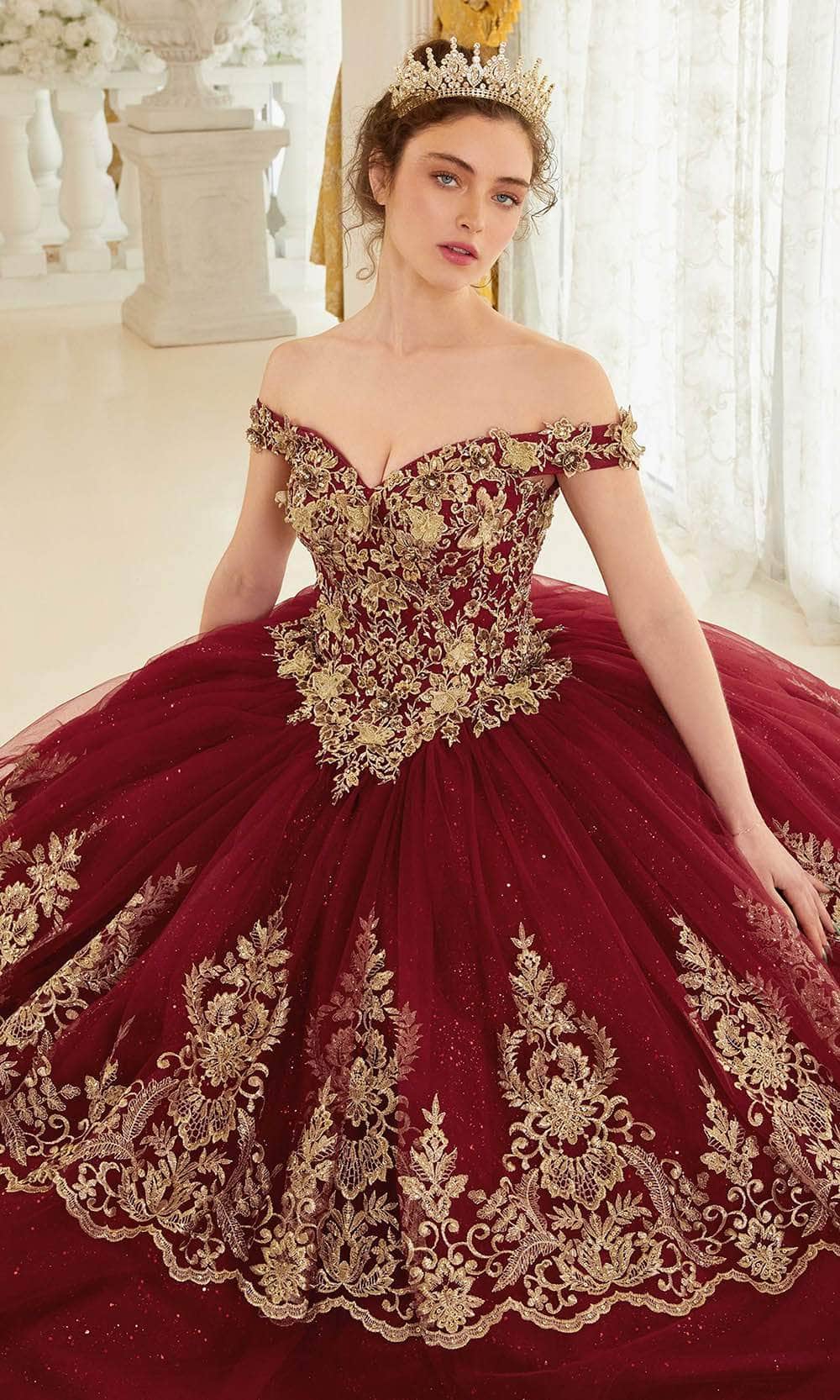 Cinderella Divine 15705 - Ballgown with Off-Shoulder Design and Gold Lace Details Cinderella Divine 15705 - Ballgown with Off-Shoulder Design and Gold Lace Details