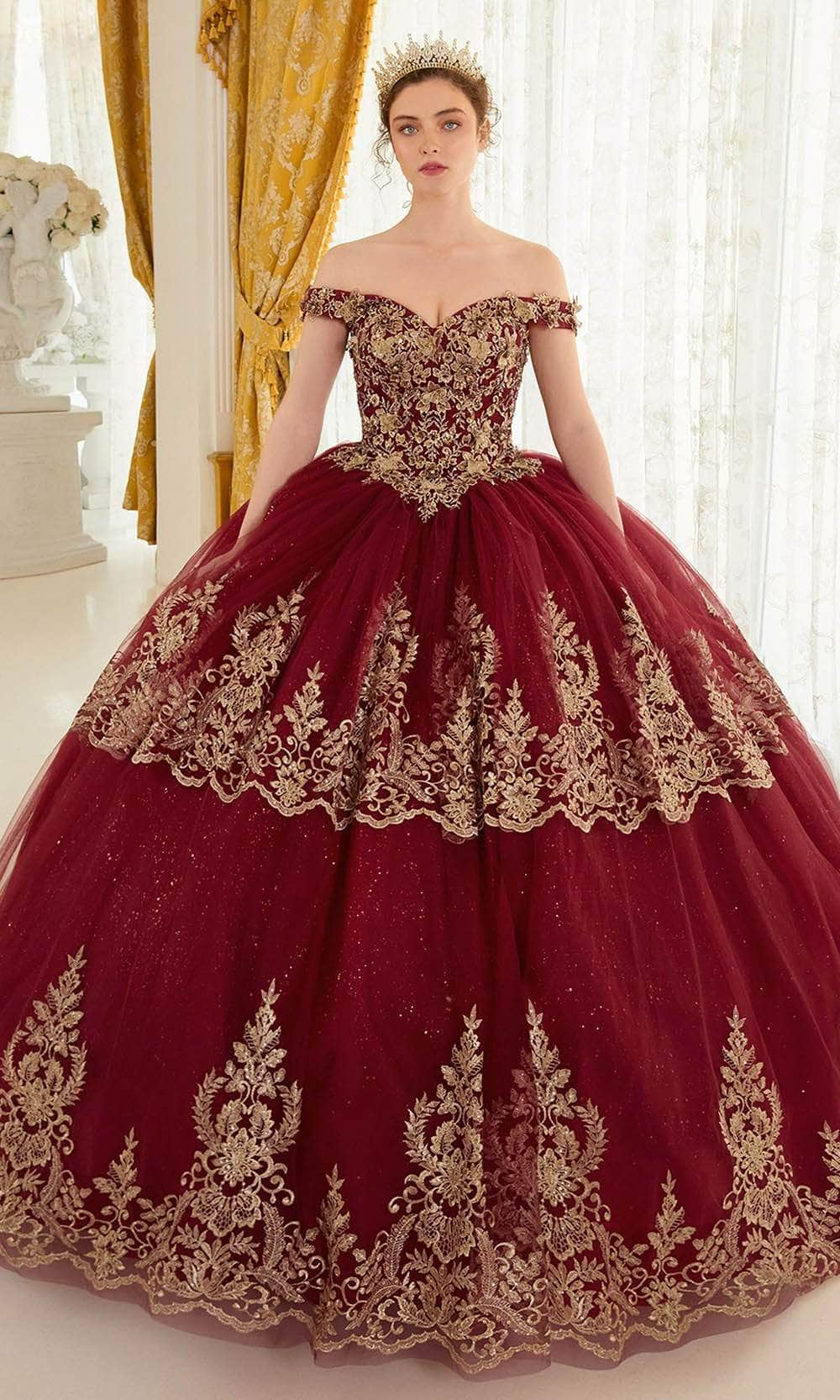 Cinderella Divine 15705 - Off-Shoulder Gold Lace Applique Ballgown Ball Gowns XXS / Burgundy-Gold