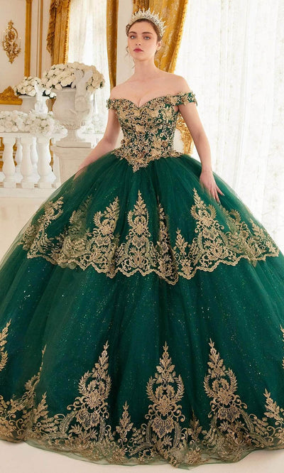 Cinderella Divine 15705 - Off-Shoulder Gold Lace Applique Ballgown Ball Gowns XXS / Emerald