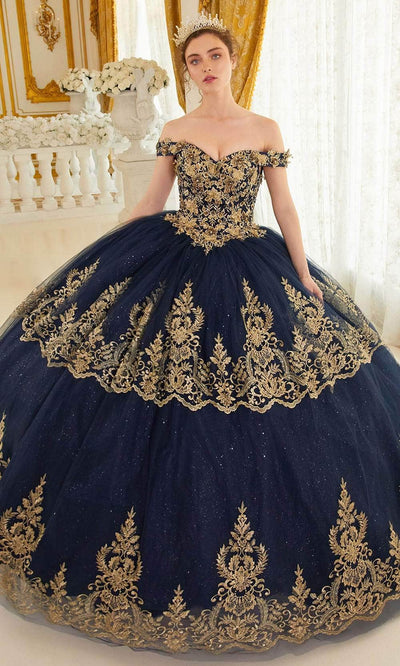 Cinderella Divine 15705 - Off-Shoulder Gold Lace Applique Ballgown Ball Gowns XXS / Navy-Gold