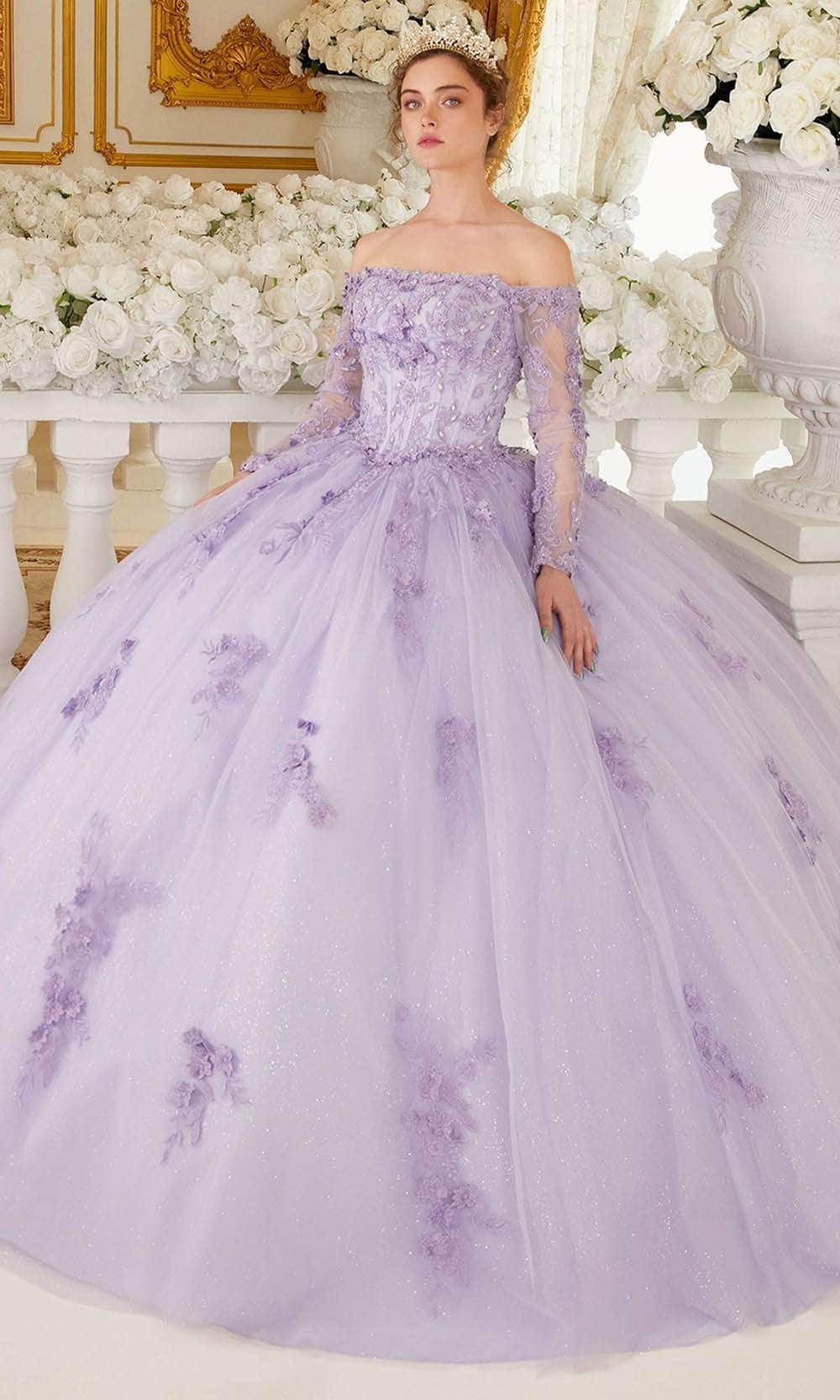 Cinderella Divine 15706 - Long Sleeve Off-Shoulder Ballgown Special Occasion Dress XXS / Lilac