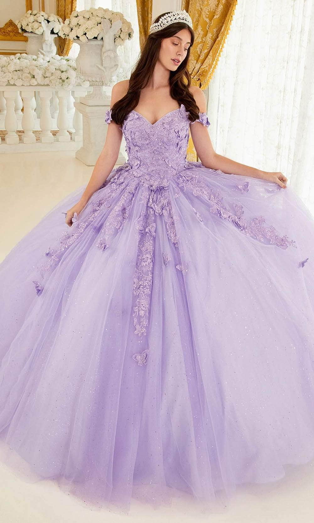 Cinderella Divine 15709 - Beaded Off-Shoulder Ballgown Ball Gowns XXS / Lavender