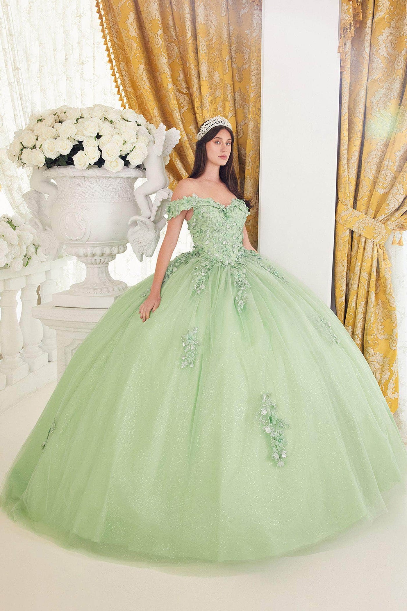 Cinderella Divine 15710 - Floral Embellished Off-Shoulder Ballgown Special Occasion Dress