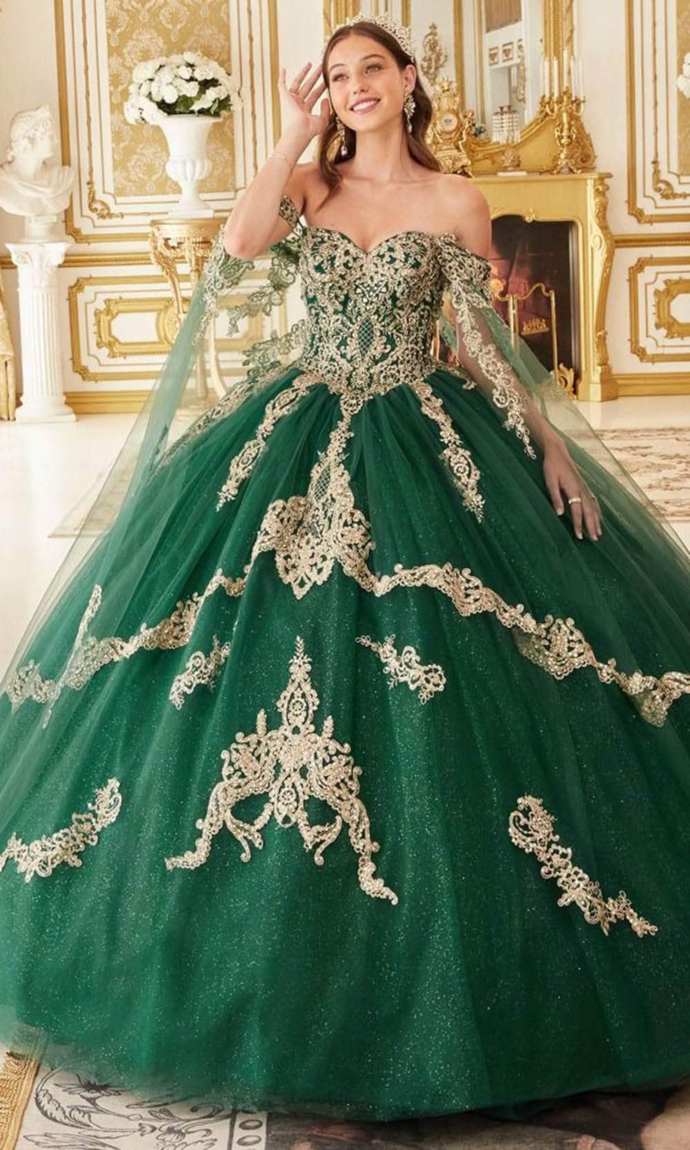 Cinderella Divine 15711 - Lace Applique Embellished Off-Shoulder Ballgown Ball Gowns XXS / Emerald