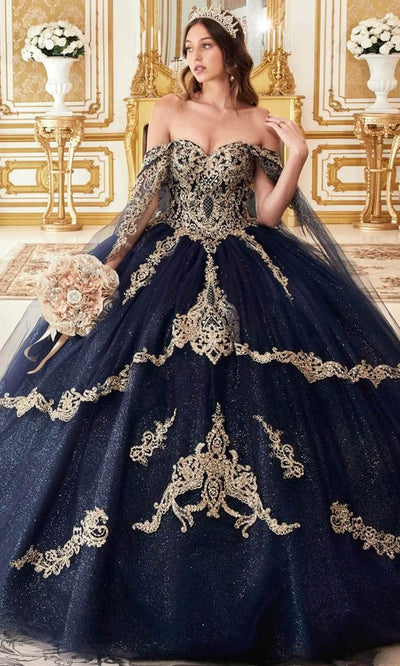 Cinderella Divine 15711 - Lace Applique Embellished Off-Shoulder Ballgown Ball Gowns XXS / Navy