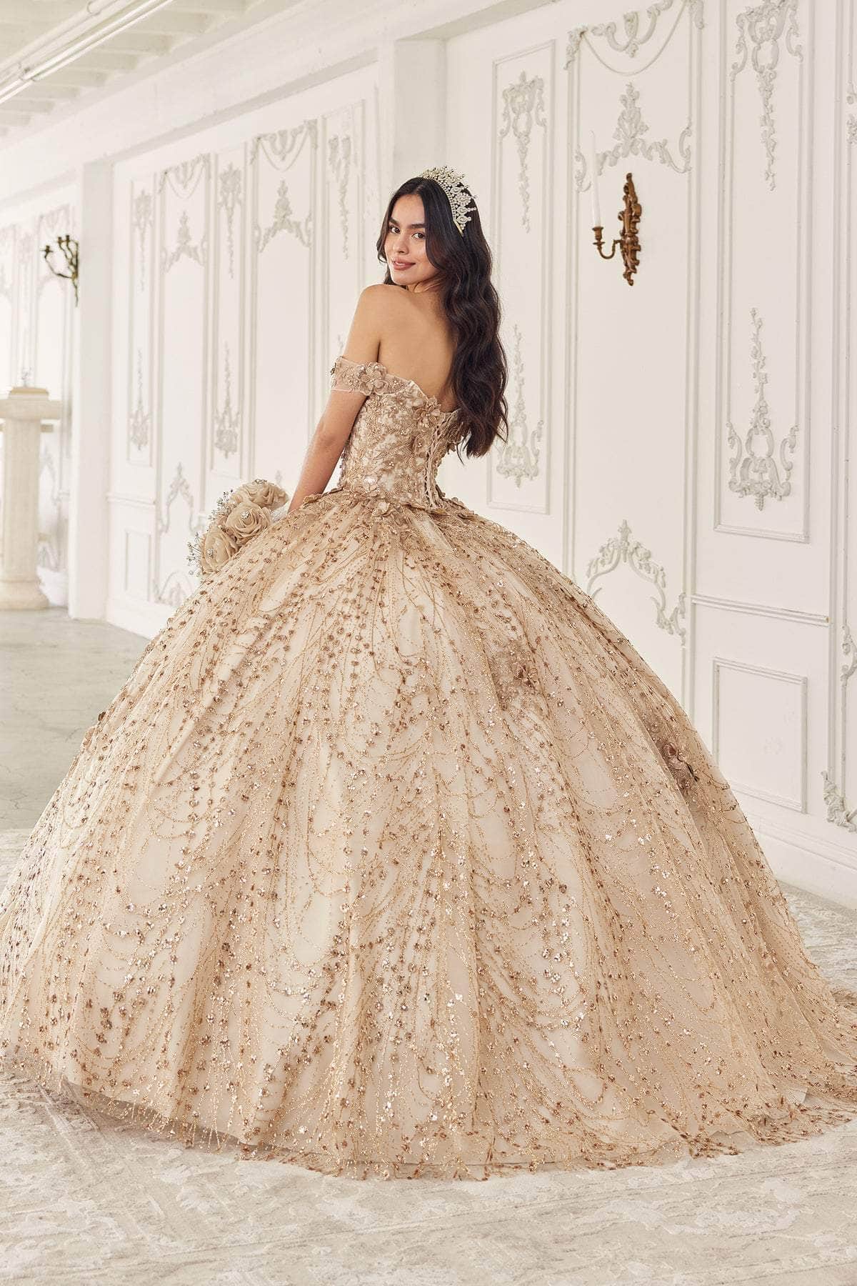Ladivine 15712 - Long Tulle Ballgown Dress - Embroidery, 3D Floral Appliques, Glitter Embellishments, Lace Up Back, Court Train S / Champagne Ladivine 15712 - Long Tulle Ballgown Dress - Embroidery, 3D Floral Appliques, Glitter Embellishments, Lace Up Back, Court Train S / Champagne