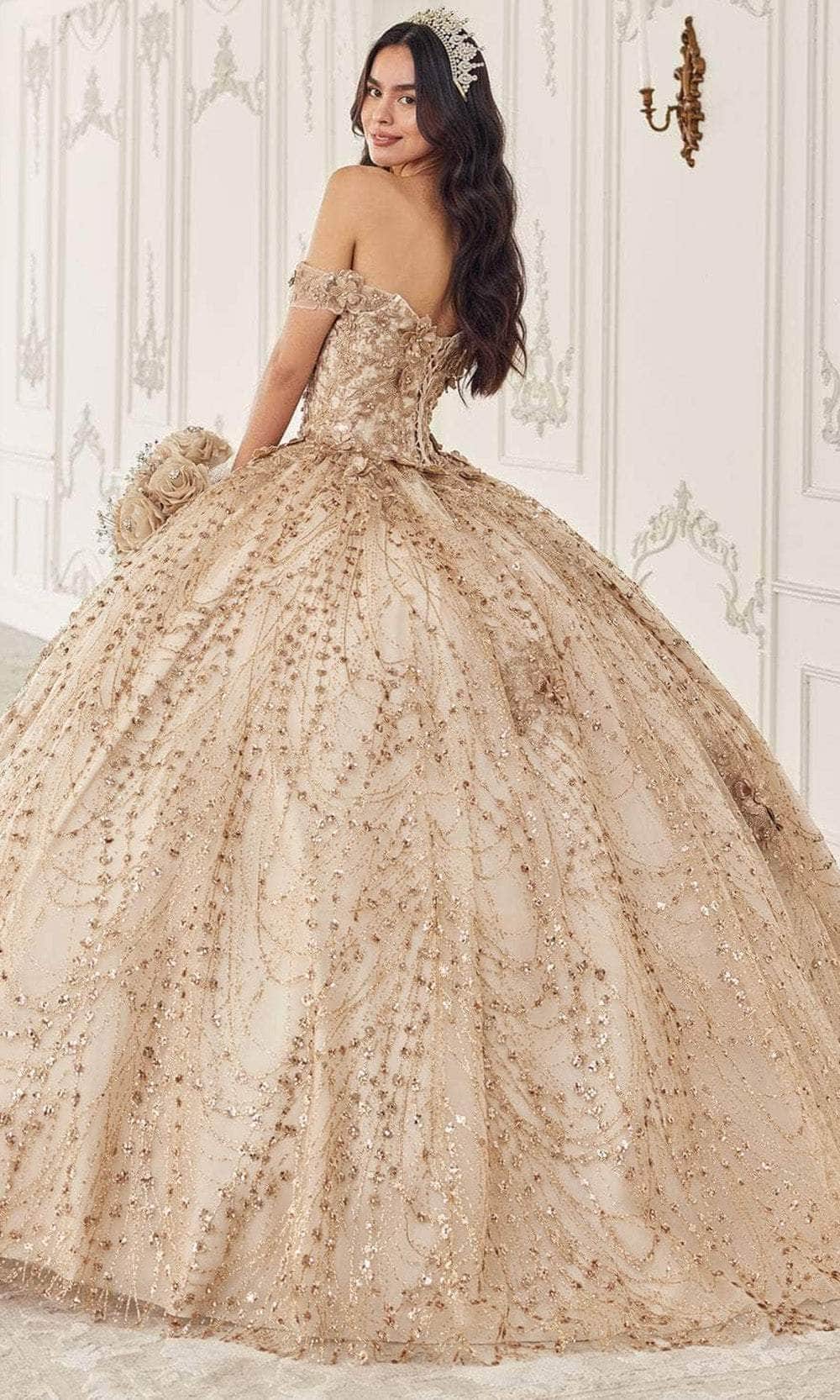 Ladivine 15712 - Long Tulle Ballgown Dress - Embroidery, 3D Floral Appliques, Glitter Embellishments, Lace Up Back, Court Train S / Champagne Ladivine 15712 - Long Tulle Ballgown Dress - Embroidery, 3D Floral Appliques, Glitter Embellishments, Lace Up Back, Court Train S / Champagne