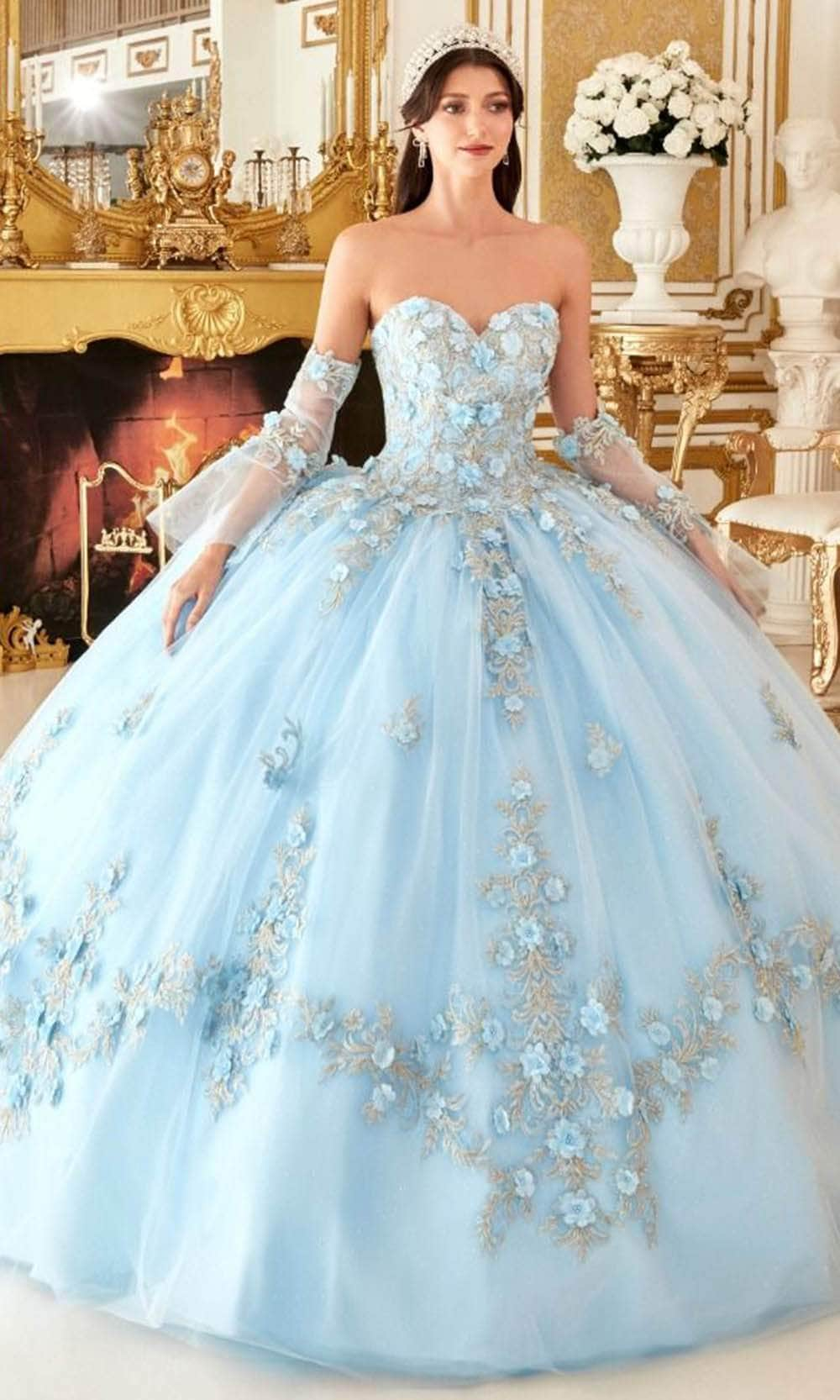 Cinderella Divine 15714 - Strapless Floral Applique Ballgown Special Occasion Dress XS / Lt Blue